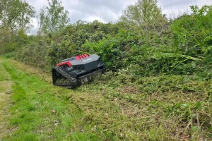 Robot tondeuse / débroussailleur pour travaux d'entretiens et aménagements extérieurs en location chez Valroc SA dans la Broye